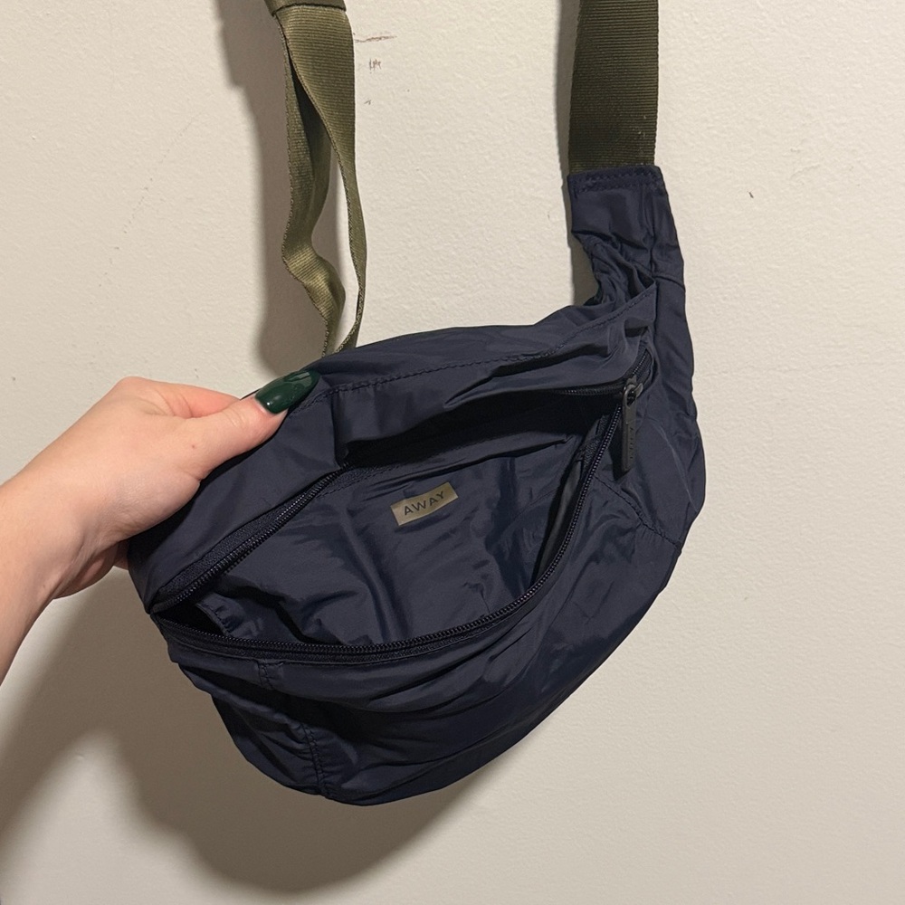 Away Navy Crossbody Travel Waist Bag with Olive Strap